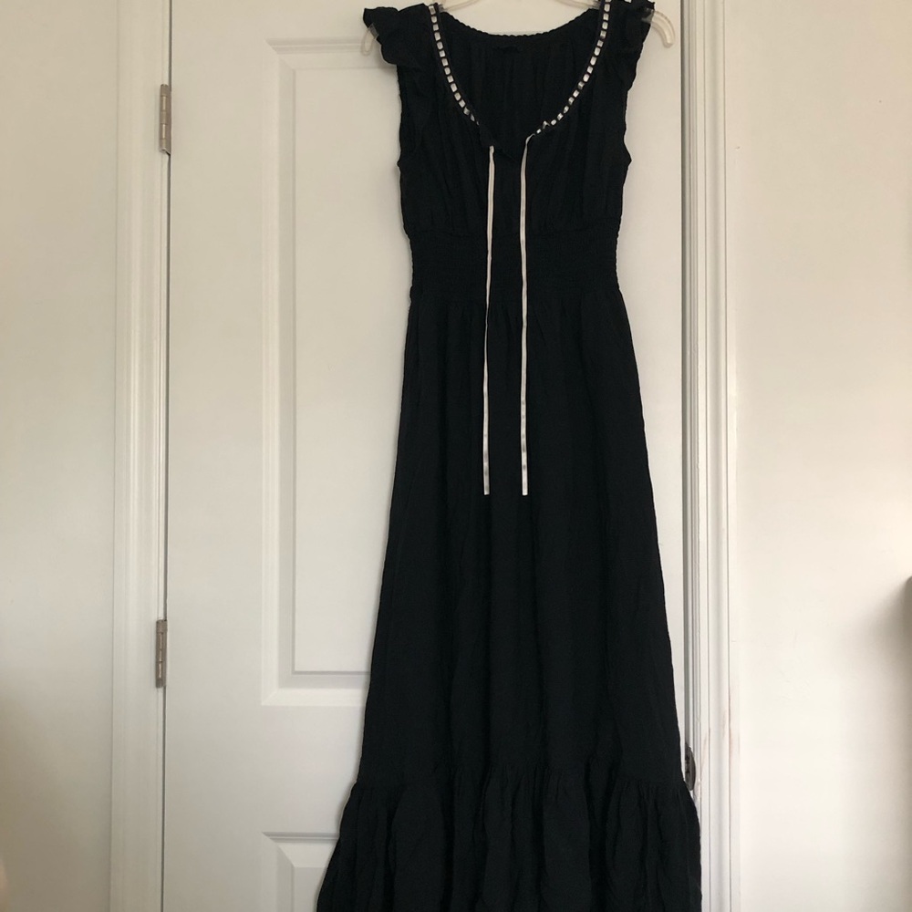 By The River Black Peasant Maxi Dress with White Ribbon Tie Neck